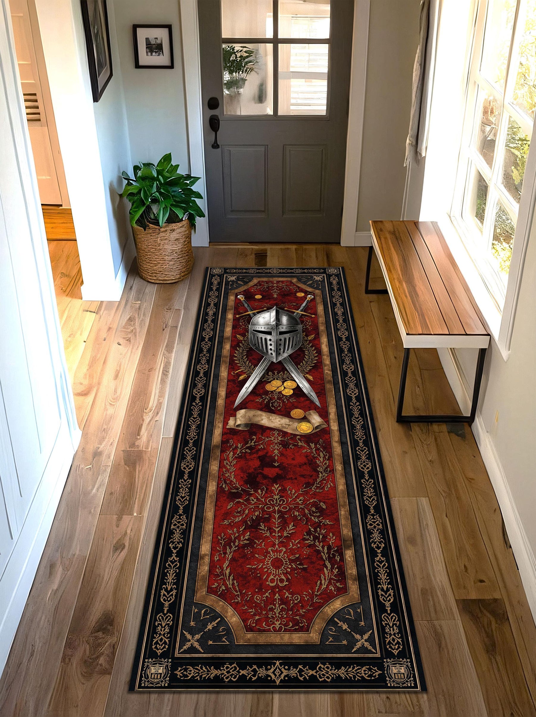 Medieval Knight Runner Rug, Helm & Crossed Swords Gothic Hallway Carpet, Red Vintage Tapestry Style Floor Mat for Gamers Decor Home
