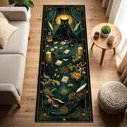 Witchy Black Cat Tarot Runner Rug, Gothic Boho Hallway Mat, Emerald Green Alchemy Decor, Mystic Occult Floor Runner Gift, for Cat Lovers