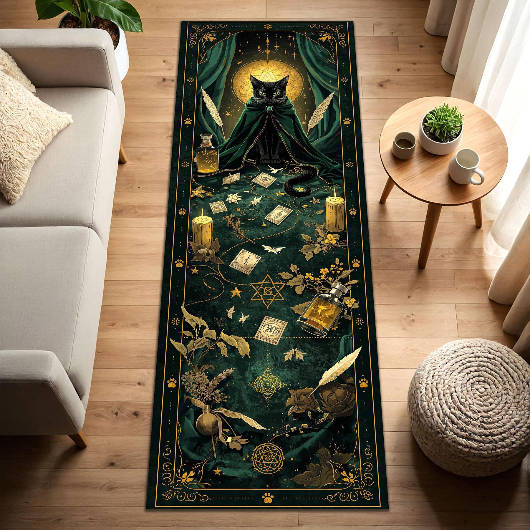 Witchy Black Cat Tarot Runner Rug, Gothic Boho Hallway Mat, Emerald Green Alchemy Decor, Mystic Occult Floor Runner Gift, for Cat Lovers