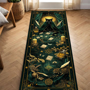 Witchy Black Cat Tarot Runner Rug, Gothic Boho Hallway Mat, Emerald Green Alchemy Decor, Mystic Occult Floor Runner Gift, for Cat Lovers