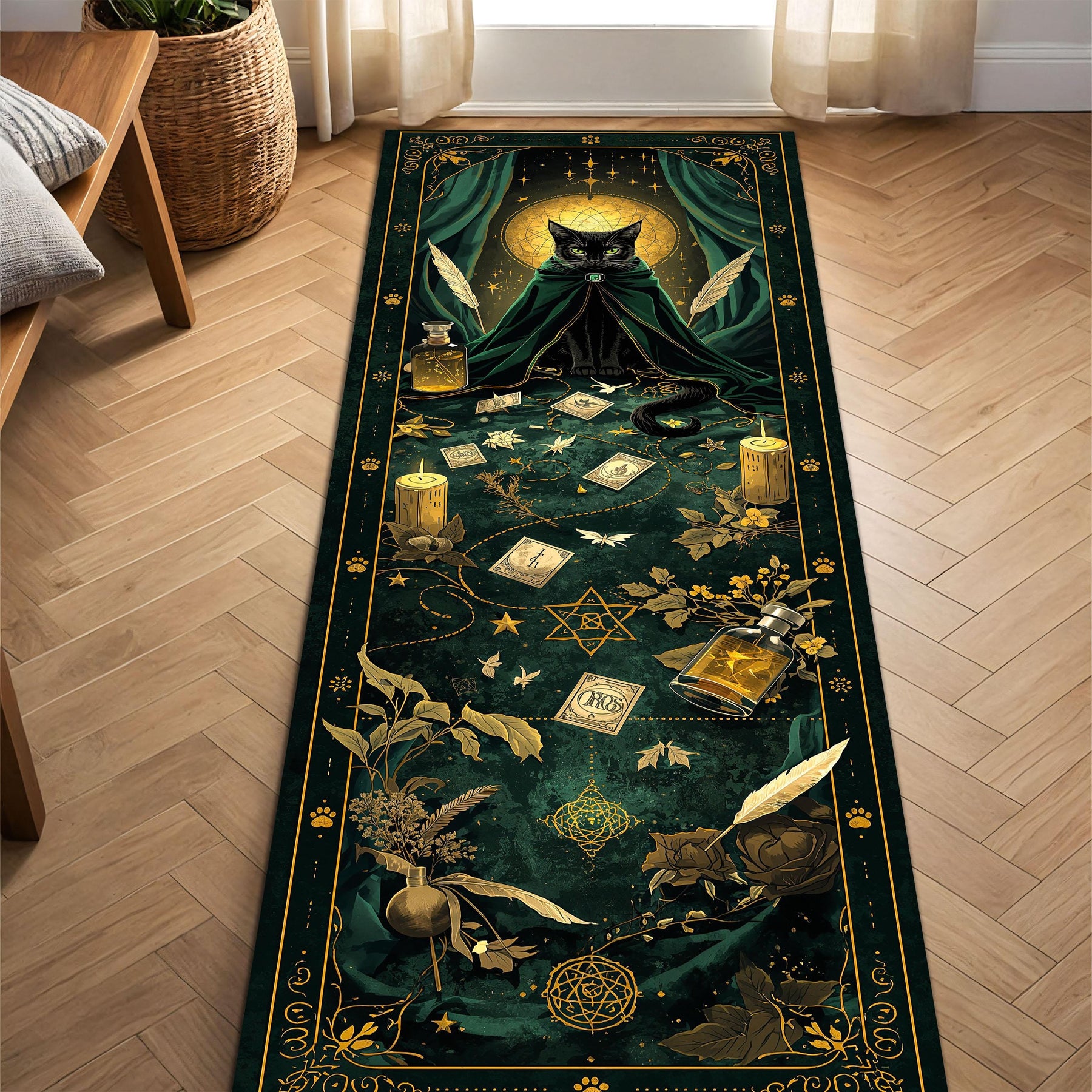 Witchy Black Cat Tarot Runner Rug, Gothic Boho Hallway Mat, Emerald Green Alchemy Decor, Mystic Occult Floor Runner Gift, for Cat Lovers