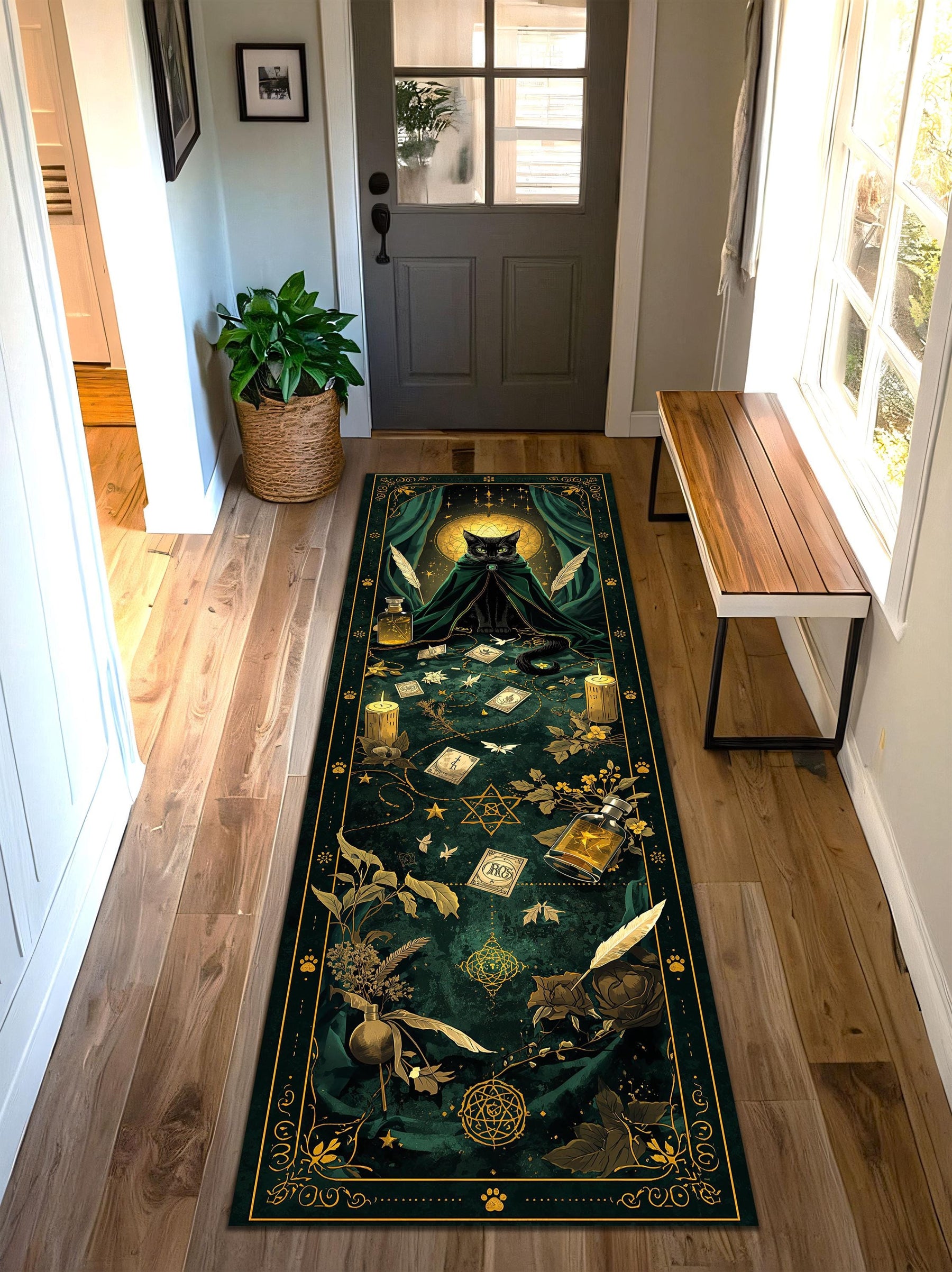 Witchy Black Cat Tarot Runner Rug, Gothic Boho Hallway Mat, Emerald Green Alchemy Decor, Mystic Occult Floor Runner Gift, for Cat Lovers
