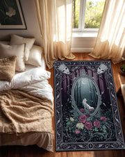 Gothic Wolf Forest Area Rug, Dark Academia Rose Carpet, Victorian Ornate Border, Purple Night Woodland Witchy Home Floor Mat Decor
