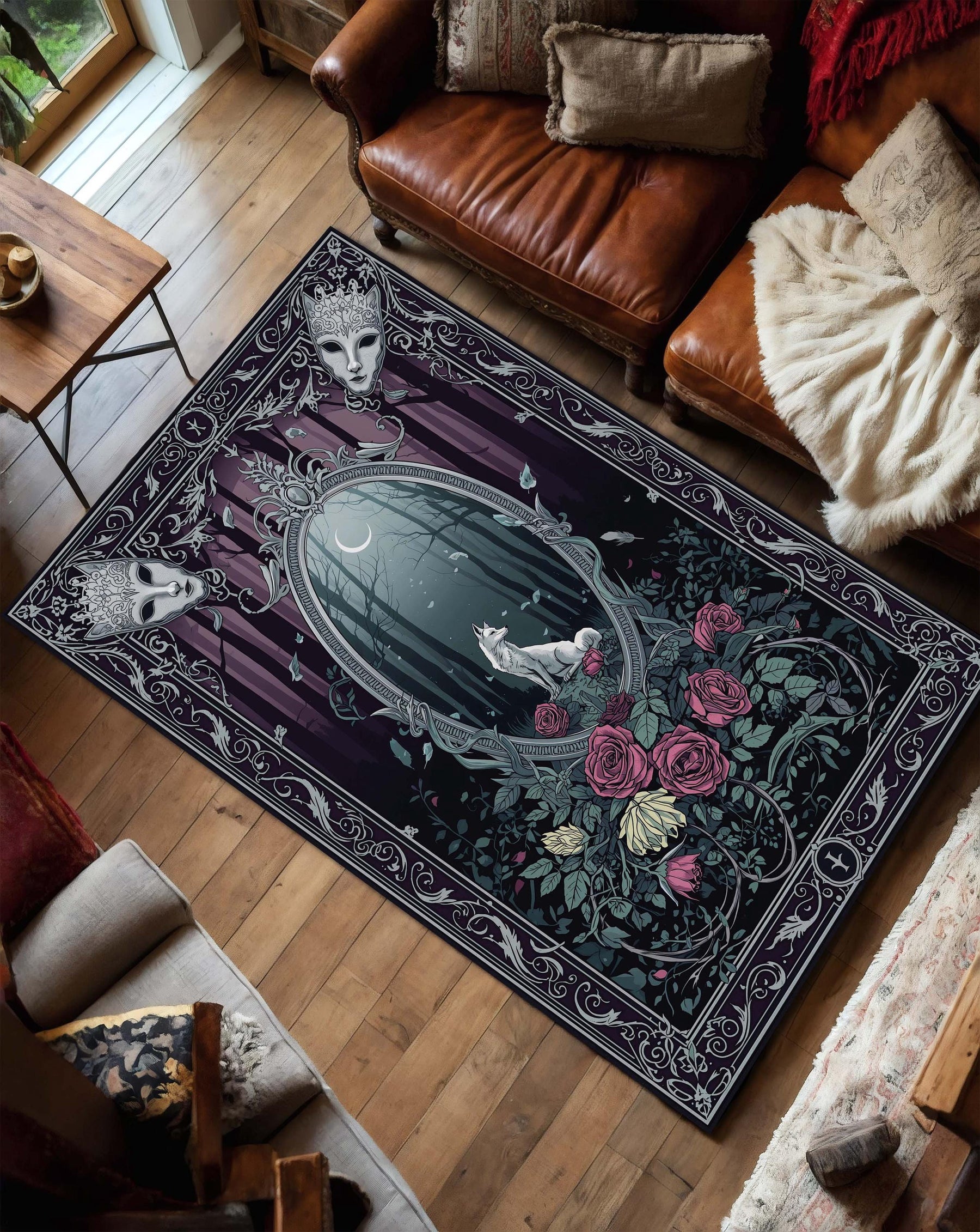 Gothic Wolf Forest Area Rug, Dark Academia Rose Carpet, Victorian Ornate Border, Purple Night Woodland Witchy Home Floor Mat Decor