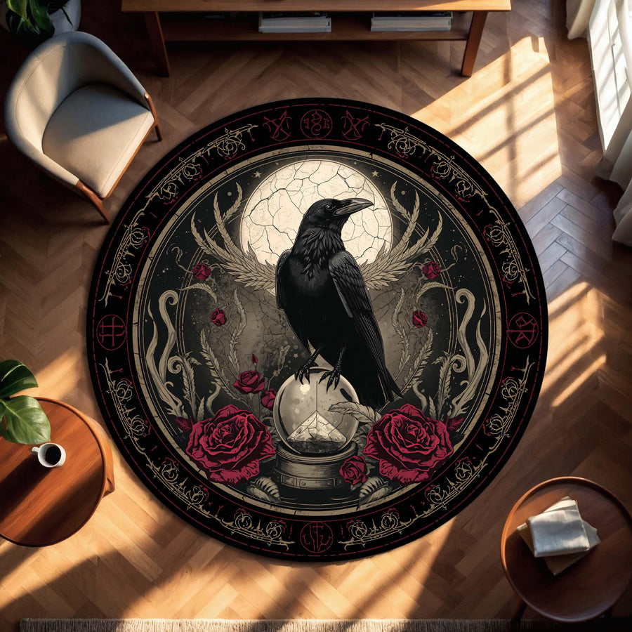 Gothic Raven Moon Round Rug, Occult Rose Alchemy Floor Mat, Dark Academia Home Decor, Witchy Living Room Bedroom Carpet Gift Idea