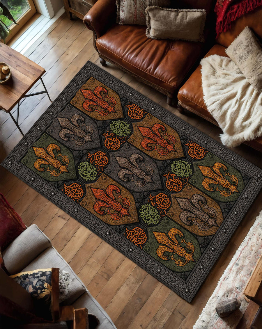 Medieval Heraldic Area Rug, Gothic Fleur de Lis Decor, Dark Academia Rug, Vintage Knight Shield Tapestry, Large Washable Non-Slip Floor Mat