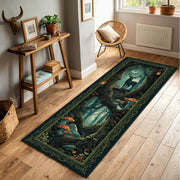 Enchanted Forest Deer Runner Rug, Fantasy Woodland Stag & Mushrooms Floor Mat, Dark Green Celtic Border, Non Slip Entryway Hallway Carpet