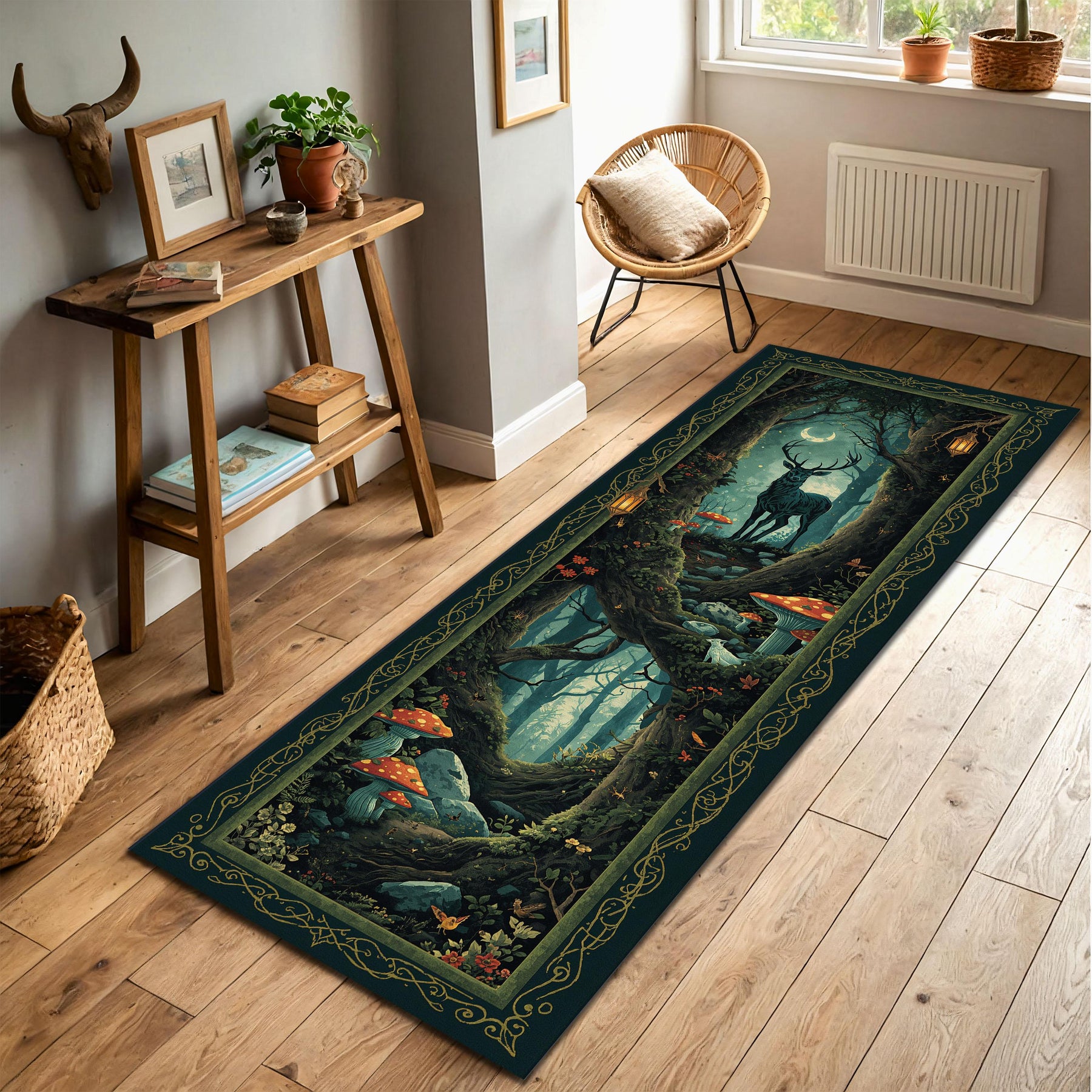 Enchanted Forest Deer Runner Rug, Fantasy Woodland Stag & Mushrooms Floor Mat, Dark Green Celtic Border, Non Slip Entryway Hallway Carpet