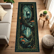Enchanted Forest Deer Runner Rug, Fantasy Woodland Stag & Mushrooms Floor Mat, Dark Green Celtic Border, Non Slip Entryway Hallway Carpet