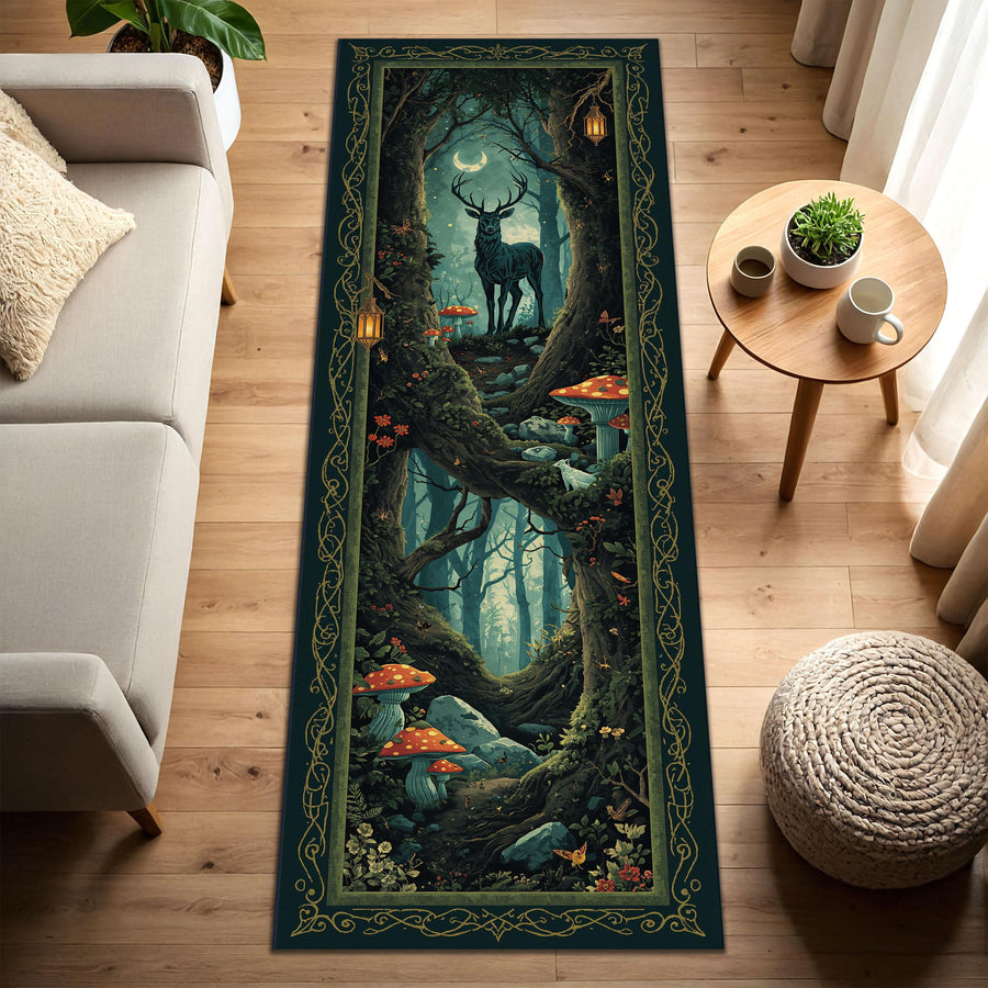 Enchanted Forest Deer Runner Rug, Fantasy Woodland Stag & Mushrooms Floor Mat, Dark Green Celtic Border, Non Slip Entryway Hallway Carpet