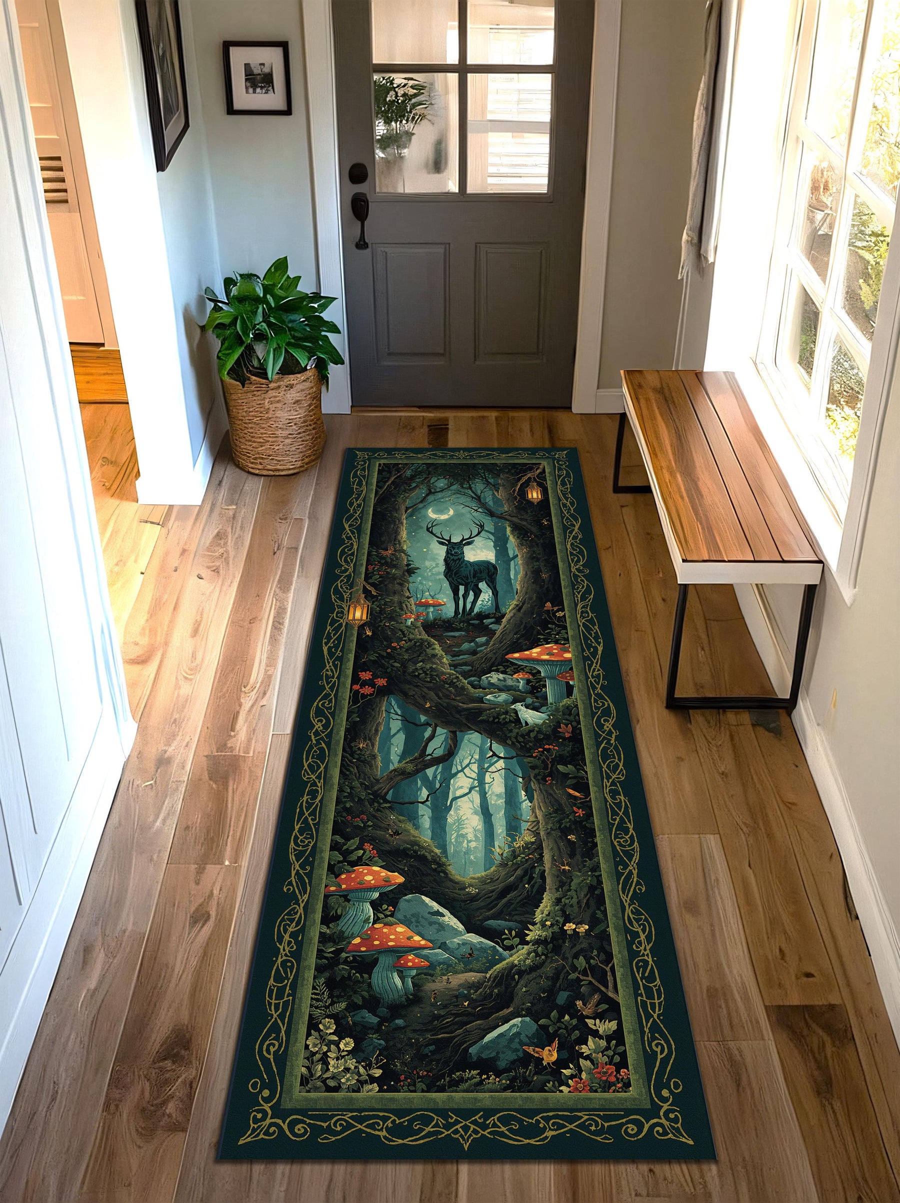 Enchanted Forest Deer Runner Rug, Fantasy Woodland Stag & Mushrooms Floor Mat, Dark Green Celtic Border, Non Slip Entryway Hallway Carpet