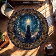 Mystical Black Cat Celestial Round Rug, Navy & Gold Galaxy Star Floor Mat, Zodiac Witchy Boho Decor, Cozy Living Room Gift for Cat Lovers