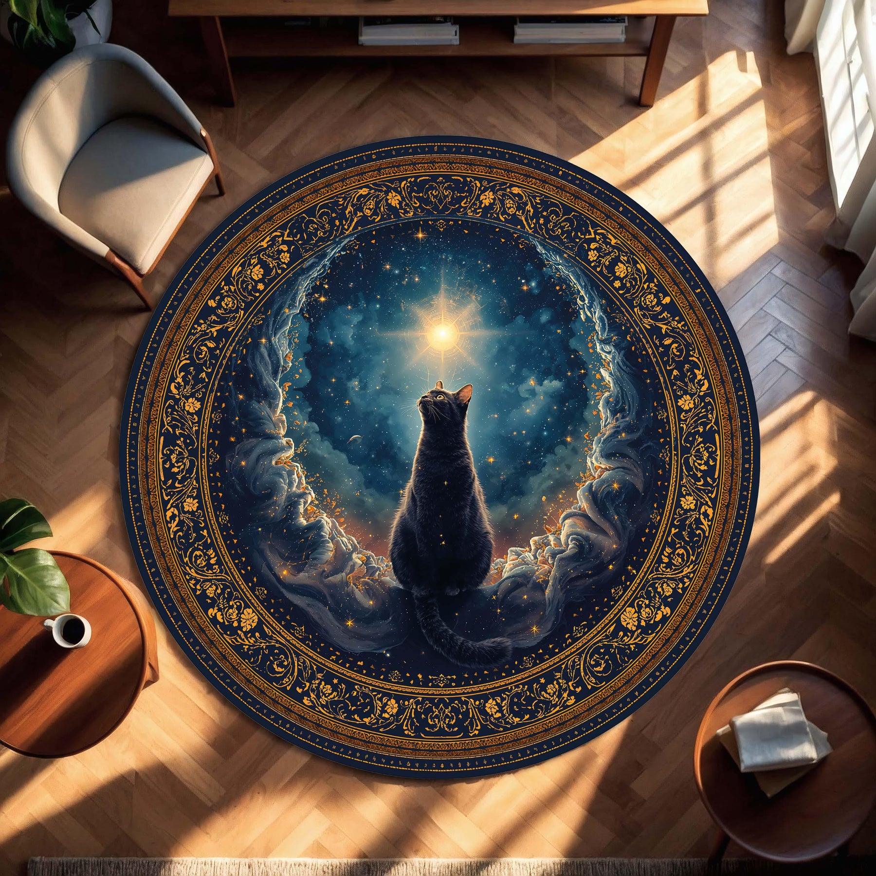 Mystical Black Cat Celestial Round Rug, Navy & Gold Galaxy Star Floor Mat, Zodiac Witchy Boho Decor, Cozy Living Room Gift for Cat Lovers