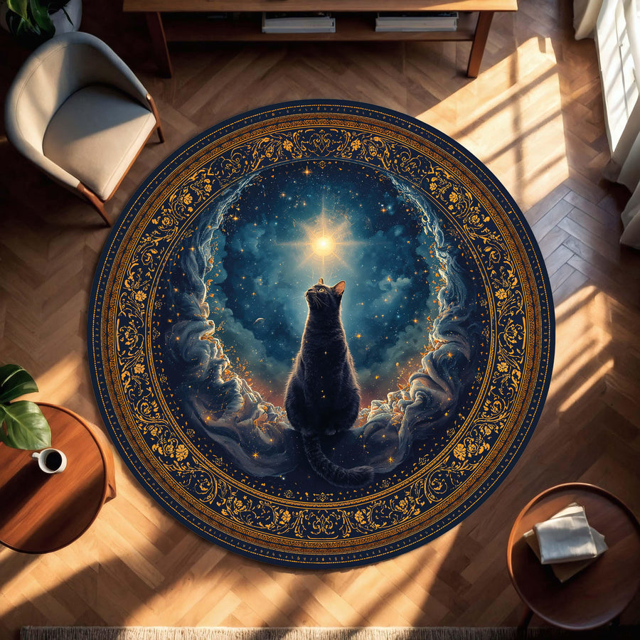 Mystical Black Cat Celestial Round Rug, Navy & Gold Galaxy Star Floor Mat, Zodiac Witchy Boho Decor, Cozy Living Room Gift for Cat Lovers