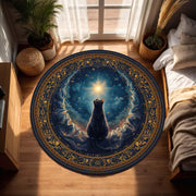 Mystical Black Cat Celestial Round Rug, Navy & Gold Galaxy Star Floor Mat, Zodiac Witchy Boho Decor, Cozy Living Room Gift for Cat Lovers