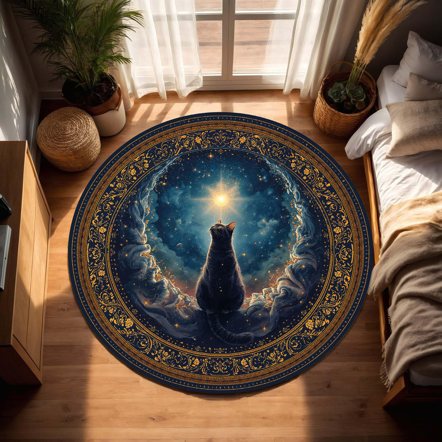 Mystical Black Cat Celestial Round Rug, Navy & Gold Galaxy Star Floor Mat, Zodiac Witchy Boho Decor, Cozy Living Room Gift for Cat Lovers