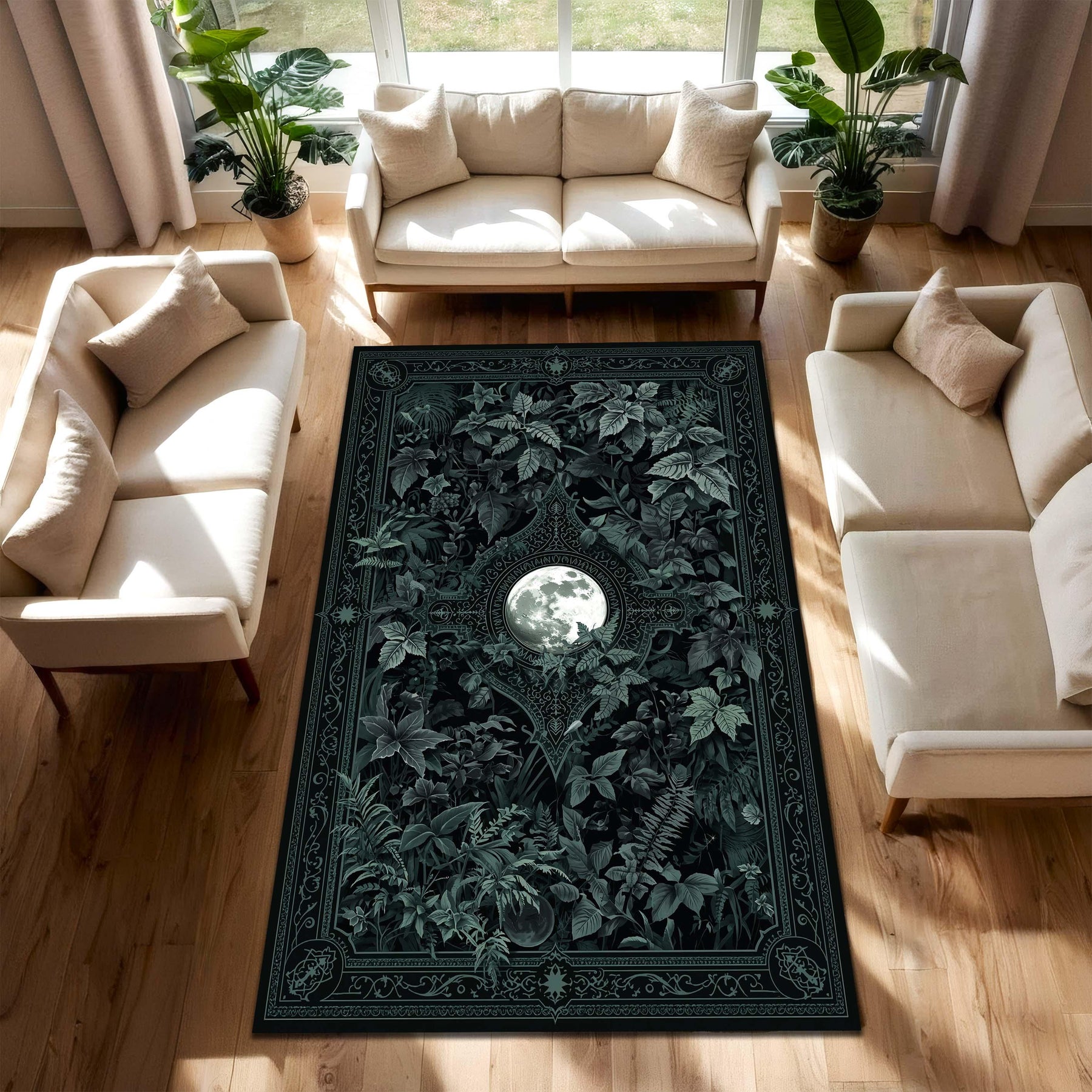 Gothic Moon Botanical Area Rug, Dark Green Forest Tapestry Carpet, Witchy Celestial Living Room Decor, Mystical Bedroom Accent Floor Mat