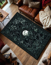 Gothic Moon Botanical Area Rug, Dark Green Forest Tapestry Carpet, Witchy Celestial Living Room Decor, Mystical Bedroom Accent Floor Mat