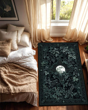 Gothic Moon Botanical Area Rug, Dark Green Forest Tapestry Carpet, Witchy Celestial Living Room Decor, Mystical Bedroom Accent Floor Mat