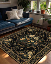 Black Vintage Floral Area Rug, Gothic Botanical Persian Style Carpet, Dark Cottagecore Living Room Decor, Elegant Statement Floor Mat