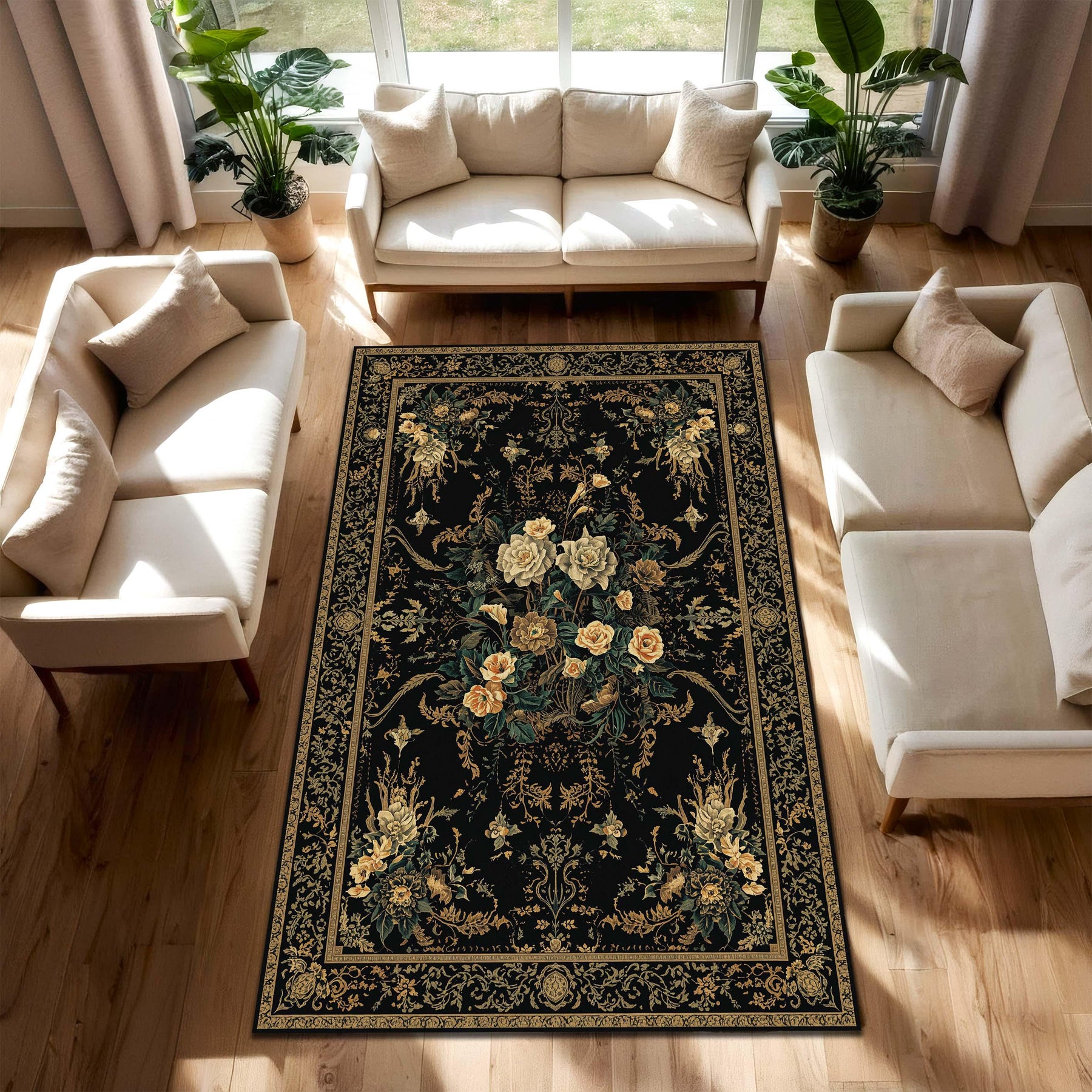 Black Vintage Floral Area Rug, Gothic Botanical Persian Style Carpet, Dark Cottagecore Living Room Decor, Elegant Statement Floor Mat