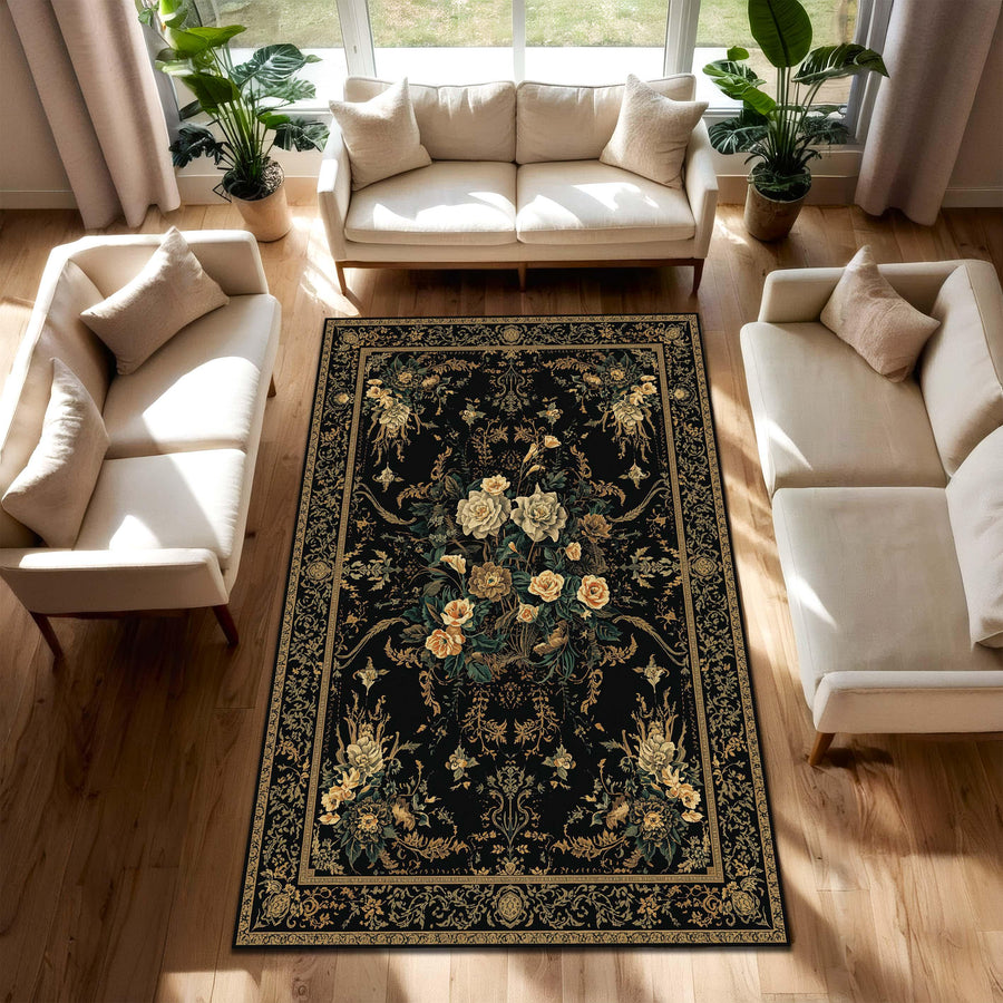 Black Vintage Floral Area Rug, Gothic Botanical Persian Style Carpet, Dark Cottagecore Living Room Decor, Elegant Statement Floor Mat