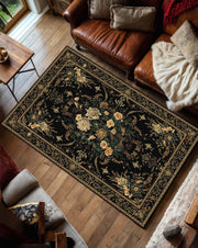 Black Vintage Floral Area Rug, Gothic Botanical Persian Style Carpet, Dark Cottagecore Living Room Decor, Elegant Statement Floor Mat