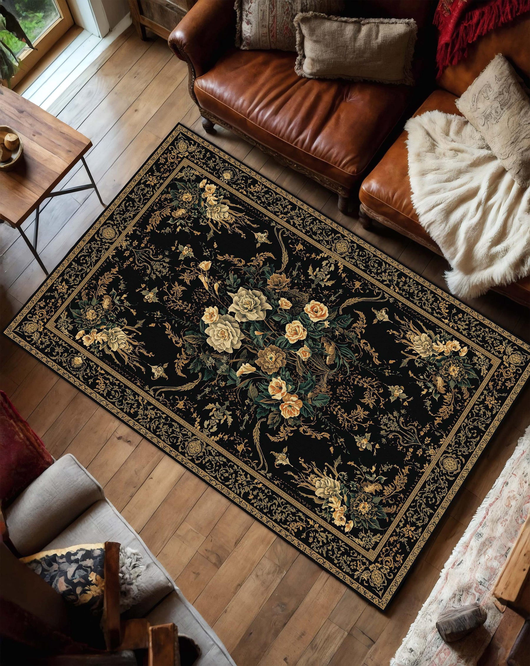 Black Vintage Floral Area Rug, Gothic Botanical Persian Style Carpet, Dark Cottagecore Living Room Decor, Elegant Statement Floor Mat