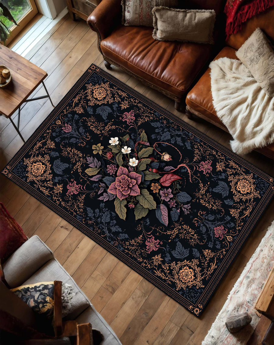 Dark Floral Vintage Rug, Gothic Botanical Area Rug, Black Ornate Victorian Carpet, Living Room Decor, Boho Cottagecore Floor Mat
