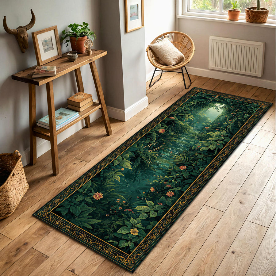 Enchanted Forest Runner Rug, Botanical Pathway Green Floor Mat, Vintage Border Hallway Carpet, Cottagecore Nature Entryway Decor Gift
