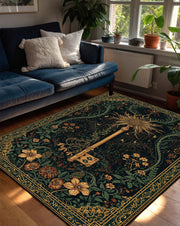 Dark Green Botanical Key Rug, Vintage Gothic Floral Area Rug, Boho Living Room Carpet, Mystical Art Nouveau Floor Mat Decor Non Slip Gift