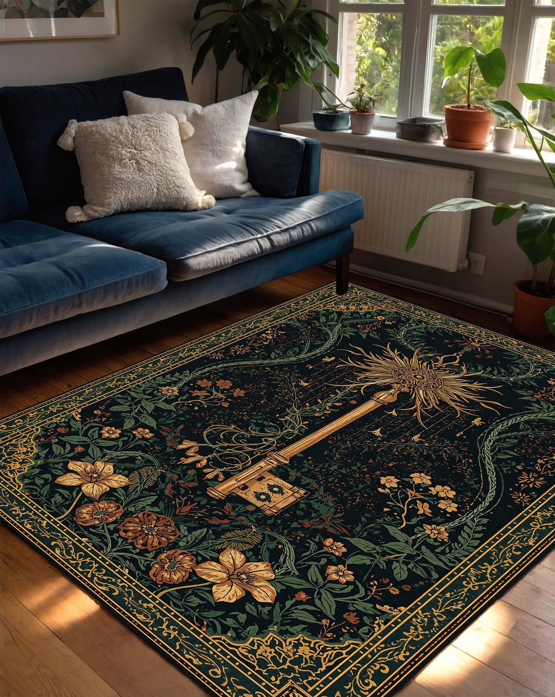 Dark Green Botanical Key Rug, Vintage Gothic Floral Area Rug, Boho Living Room Carpet, Mystical Art Nouveau Floor Mat Decor Non Slip Gift