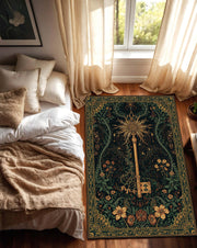 Dark Green Botanical Key Rug, Vintage Gothic Floral Area Rug, Boho Living Room Carpet, Mystical Art Nouveau Floor Mat Decor Non Slip Gift