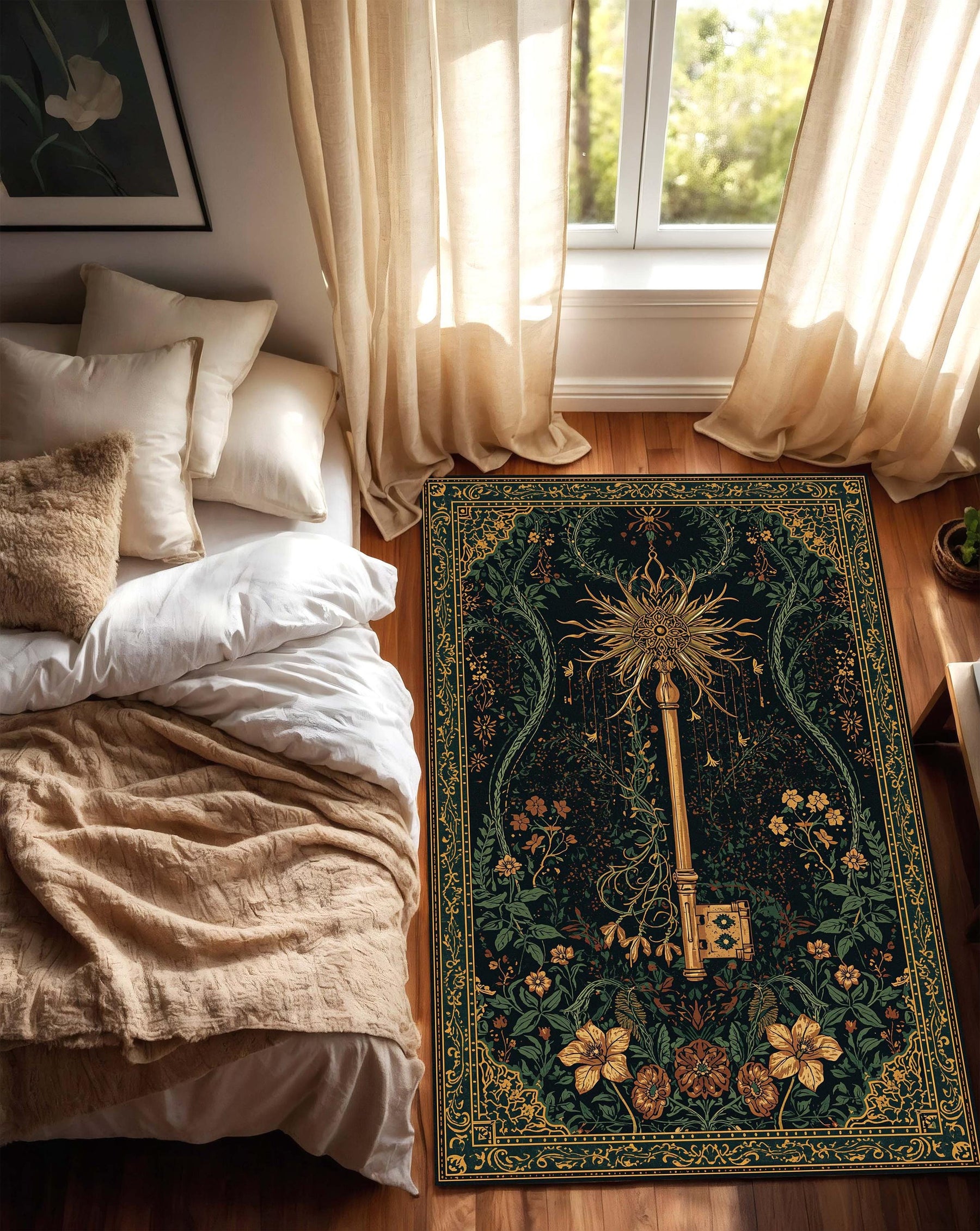 Dark Green Botanical Key Rug, Vintage Gothic Floral Area Rug, Boho Living Room Carpet, Mystical Art Nouveau Floor Mat Decor Non Slip Gift