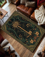 Dark Green Botanical Key Rug, Vintage Gothic Floral Area Rug, Boho Living Room Carpet, Mystical Art Nouveau Floor Mat Decor Non Slip Gift