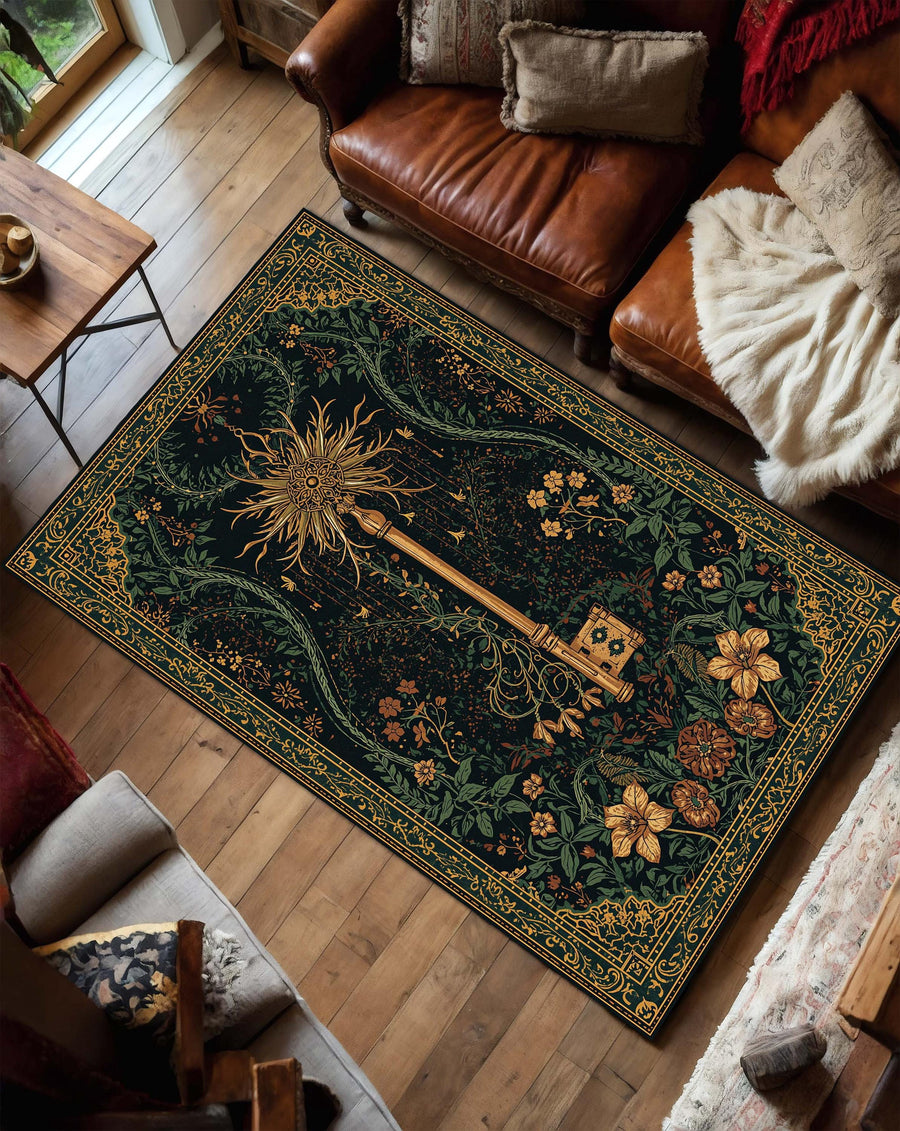 Dark Green Botanical Key Rug, Vintage Gothic Floral Area Rug, Boho Living Room Carpet, Mystical Art Nouveau Floor Mat Decor Non Slip Gift