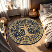Round Tree of Life Rug, Navy and Gold Celestial Mandala Area Carpet, Boho Witchy Living Room Decor, Yoga Meditation Gift for Home Entryway