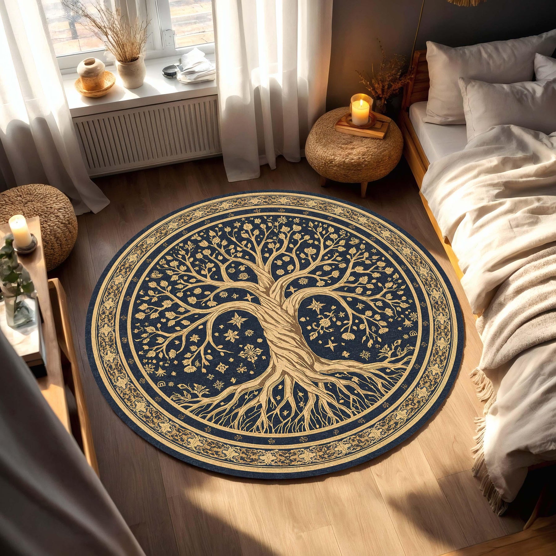 Round Tree of Life Rug, Navy and Gold Celestial Mandala Area Carpet, Boho Witchy Living Room Decor, Yoga Meditation Gift for Home Entryway