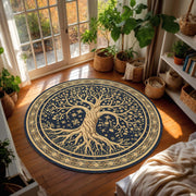 Round Tree of Life Rug, Navy and Gold Celestial Mandala Area Carpet, Boho Witchy Living Room Decor, Yoga Meditation Gift for Home Entryway