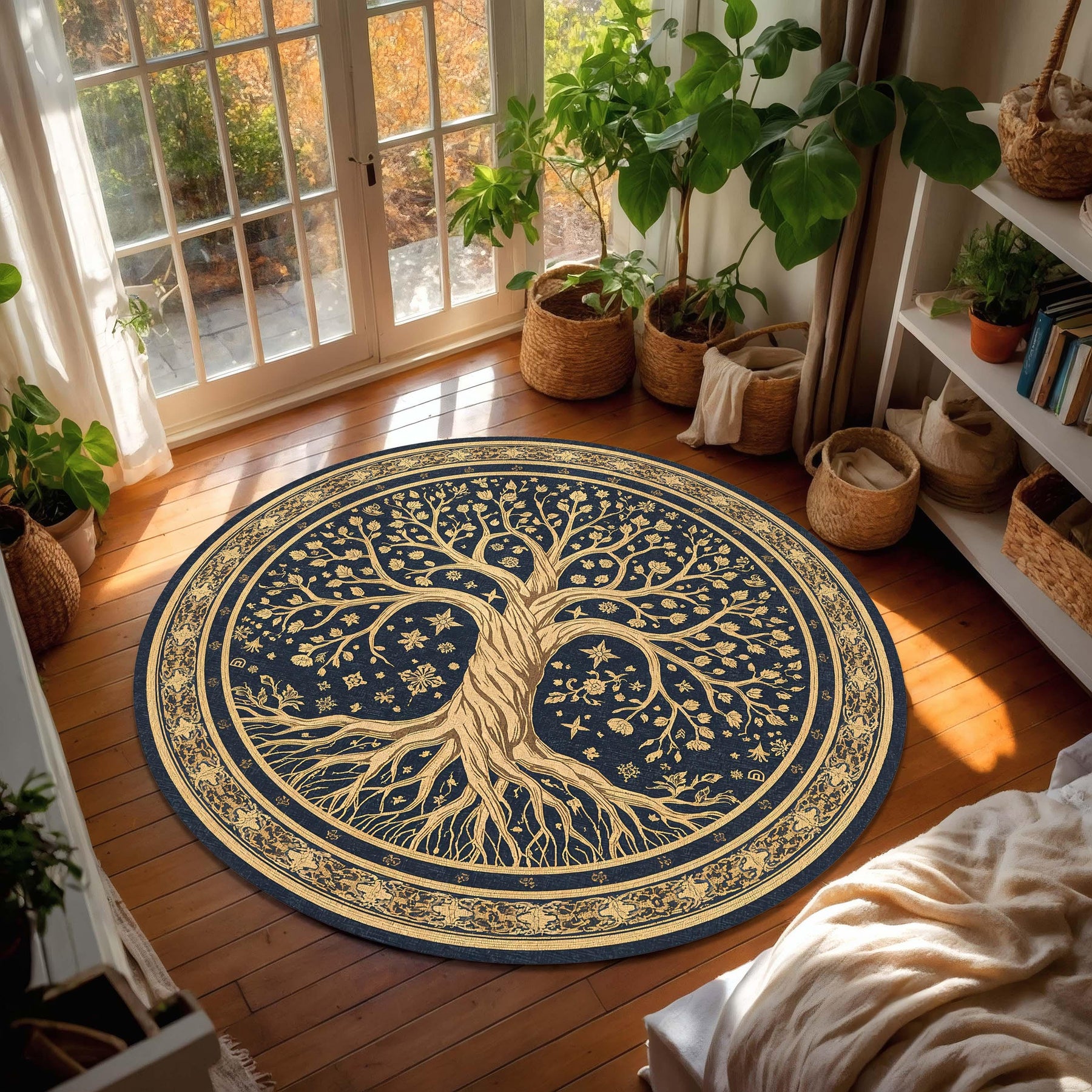 Round Tree of Life Rug, Navy and Gold Celestial Mandala Area Carpet, Boho Witchy Living Room Decor, Yoga Meditation Gift for Home Entryway