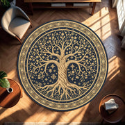 Round Tree of Life Rug, Navy and Gold Celestial Mandala Area Carpet, Boho Witchy Living Room Decor, Yoga Meditation Gift for Home Entryway