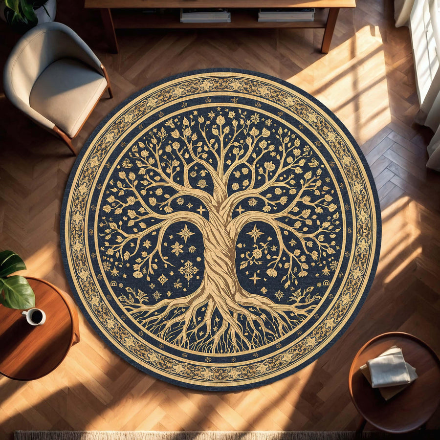 Round Tree of Life Rug, Navy and Gold Celestial Mandala Area Carpet, Boho Witchy Living Room Decor, Yoga Meditation Gift for Home Entryway