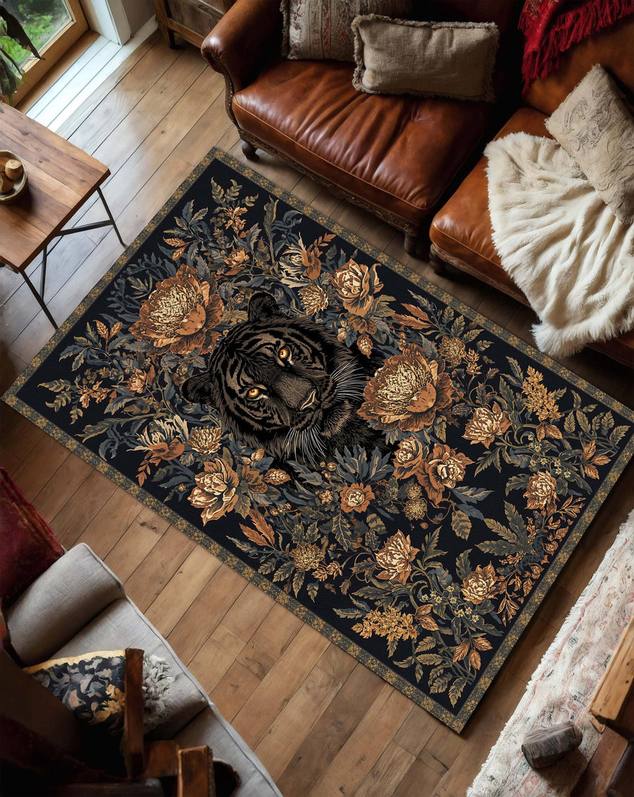 Tiger Floral Area Rug, Dark Navy Boho Vintage Botanical Carpet, Gothic Maximalist Living Room Decor, Bedroom Runner Gift, Statement Mat