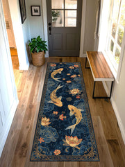 Navy Koi Fish Lotus Runner Rug, Japanese Pond Floral Hallway Carpet, Gold Blue Oriental Style Kitchen Entryway Floor Mat, Non Slip Washable