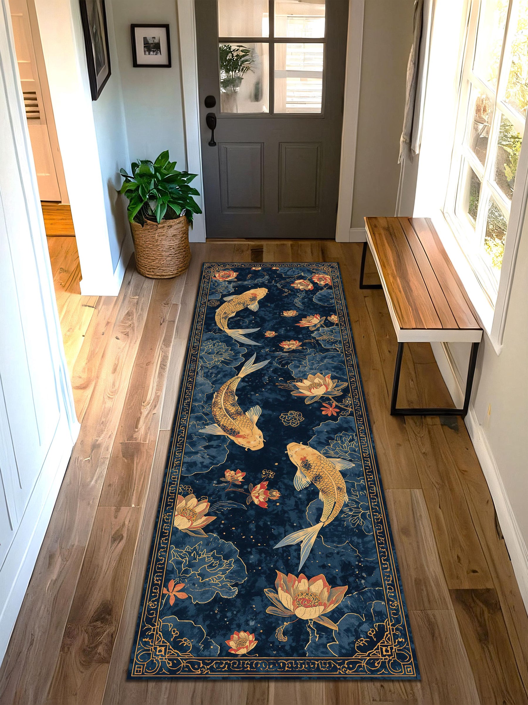 Navy Koi Fish Lotus Runner Rug, Japanese Pond Floral Hallway Carpet, Gold Blue Oriental Style Kitchen Entryway Floor Mat, Non Slip Washable