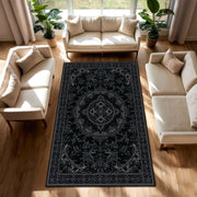 Black Vintage Ornate Area Rug, Gothic Persian Style Living Room Carpet, Non Slip Washable Floor Mat, Boho Home Decor, Bedroom Runner
