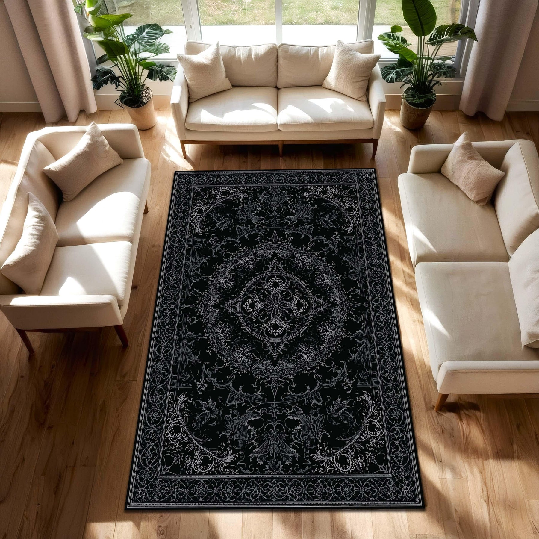Black Vintage Ornate Area Rug, Gothic Persian Style Living Room Carpet, Non Slip Washable Floor Mat, Boho Home Decor, Bedroom Runner
