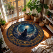 Mystical Black Cat Celestial Round Rug, Navy & Gold Galaxy Star Floor Mat, Zodiac Witchy Boho Decor, Cozy Living Room Gift for Cat Lovers