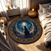 Mystical Black Cat Celestial Round Rug, Navy & Gold Galaxy Star Floor Mat, Zodiac Witchy Boho Decor, Cozy Living Room Gift for Cat Lovers