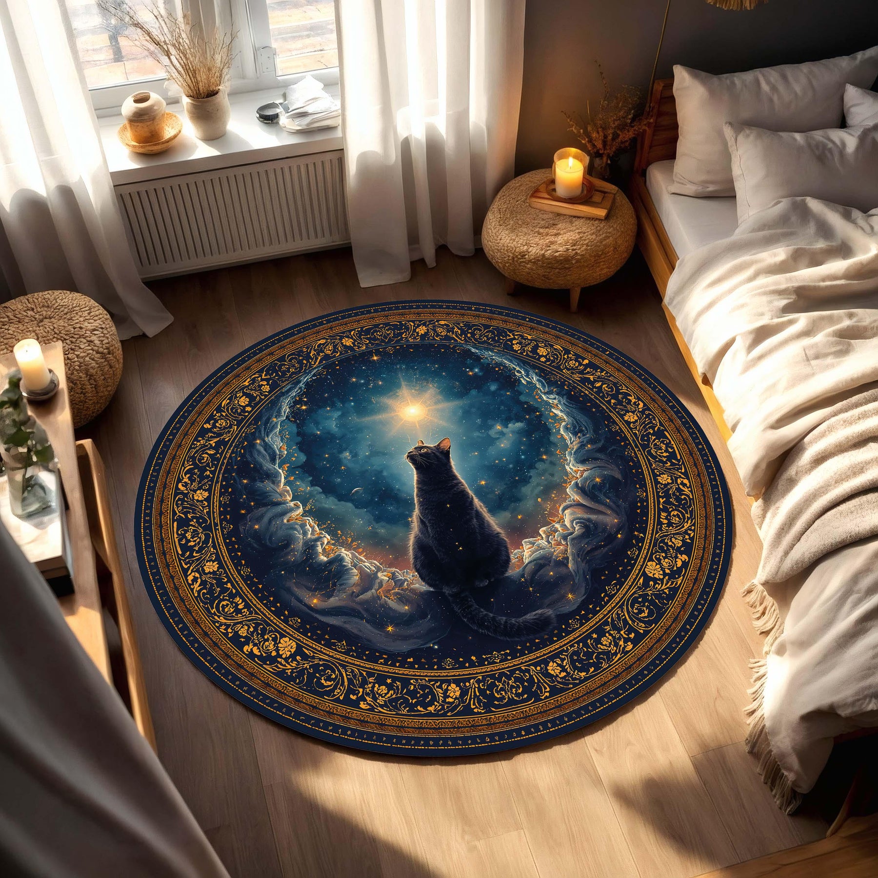 Mystical Black Cat Celestial Round Rug, Navy & Gold Galaxy Star Floor Mat, Zodiac Witchy Boho Decor, Cozy Living Room Gift for Cat Lovers